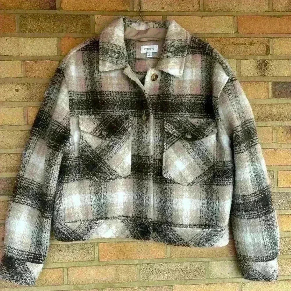 Evereve Polly trucker style short pink brown plaid jacket - Picture 2 of 7